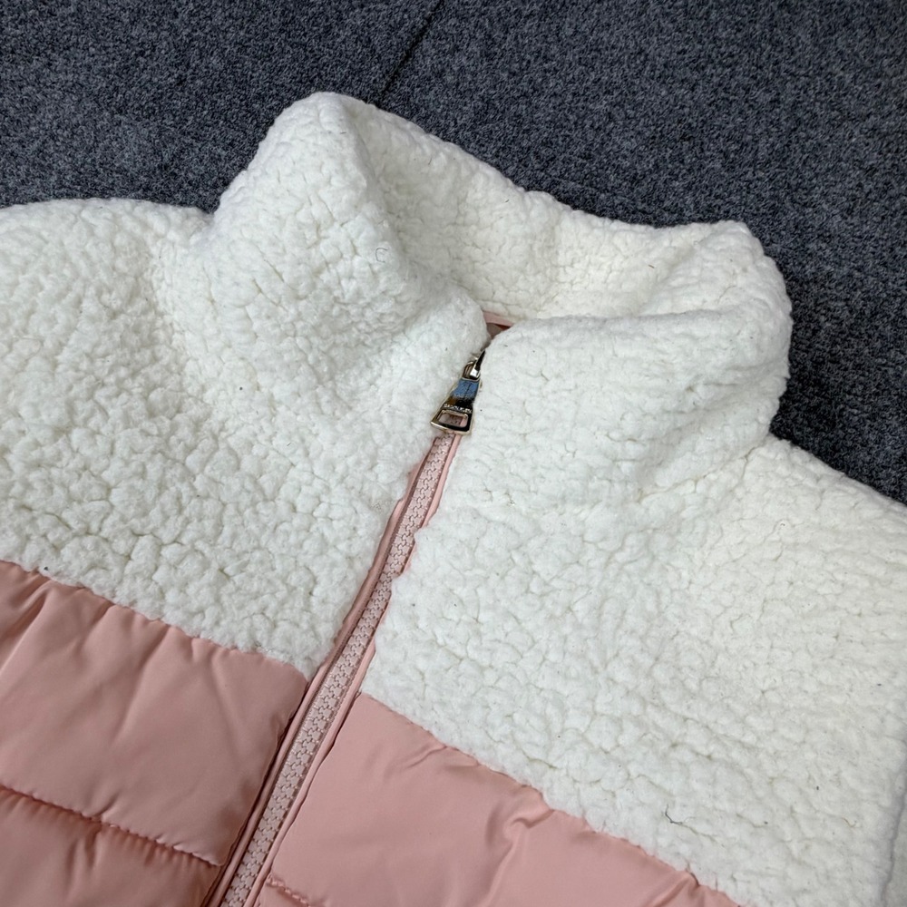 Calvin Klein Womens Size Medium Puffer Vest Pink Cream Sherpa Fleece Mixed Media